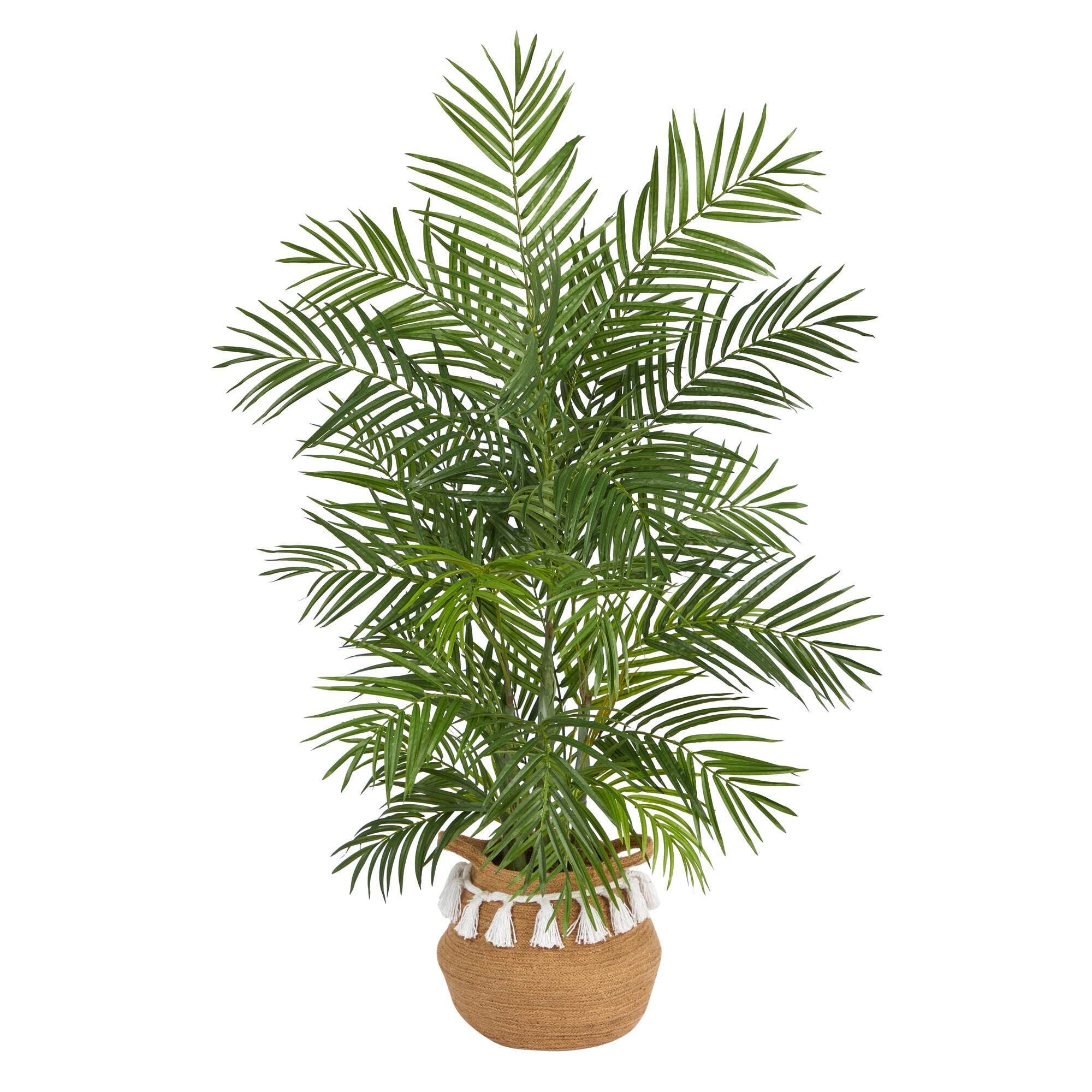 4ft. Areca Artificial Palm in Boho Chic Handmade Natural Cotton Woven Planter with Tassels